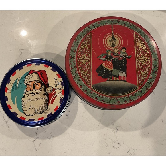 Vintage Christmas Carolers Tin 10” Round  & Santa Face Tin 7-1/2” Both Empty - Picture 1 of 10
